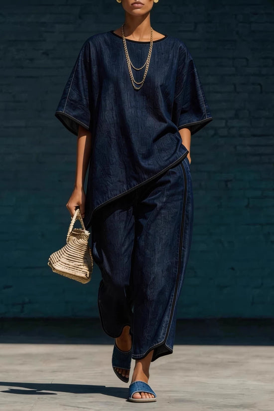 Elegant Casual Denim-Style Loose Wide-Leg Pants Two-Piece Set 