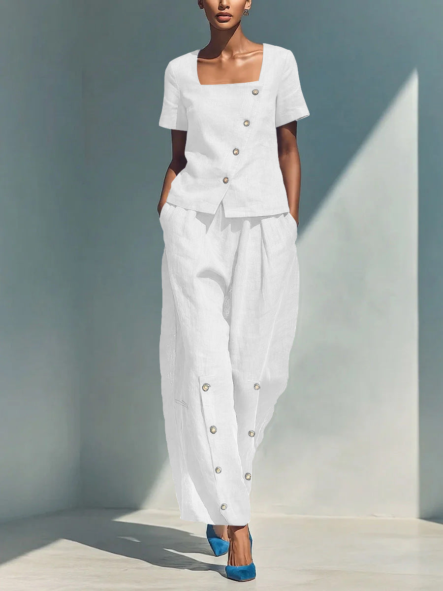 Womens Loose Short-Sleeve Top And High-Waist Pants Two-Piece Set 