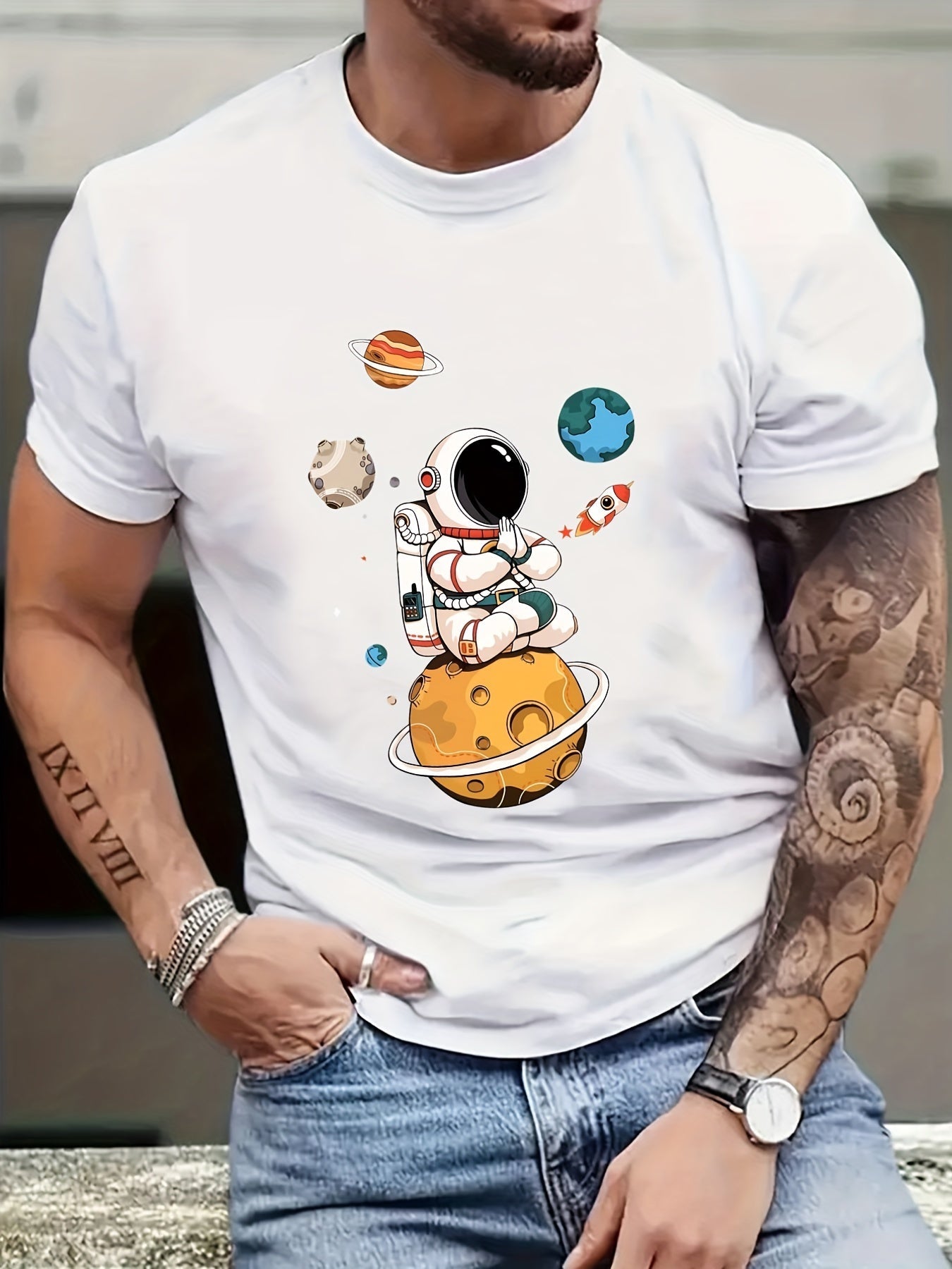 Summer Men's Casual Street Style Elastic Round Neck T-shirt With Cartoon Astronaut And Planet Patterns CJ US