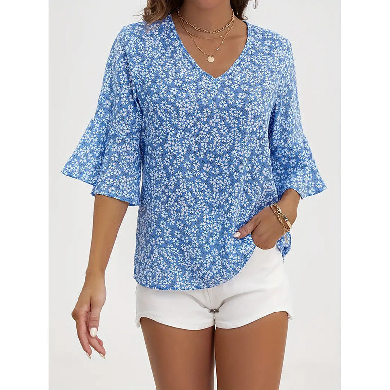 Womens Summer Floral Print Blouses V-Neck Flare Sleeve Tops Dressy Casual T-Shirts CJ US