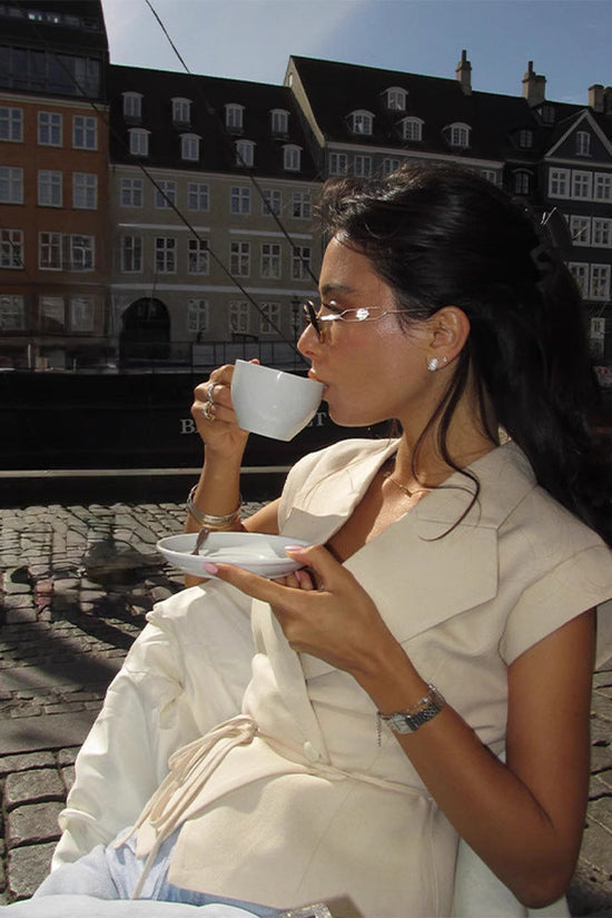 Beige Elegant Sleeveless Waist-Cinching Suit Set 