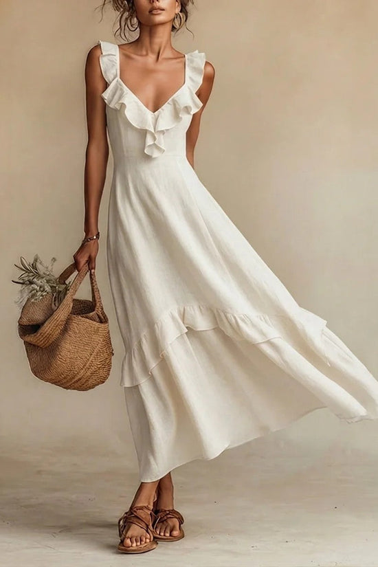 Elegant And Chic Cotton-Linen Dress With Ruffled Flutter Sleeves And A Flowing Hem 