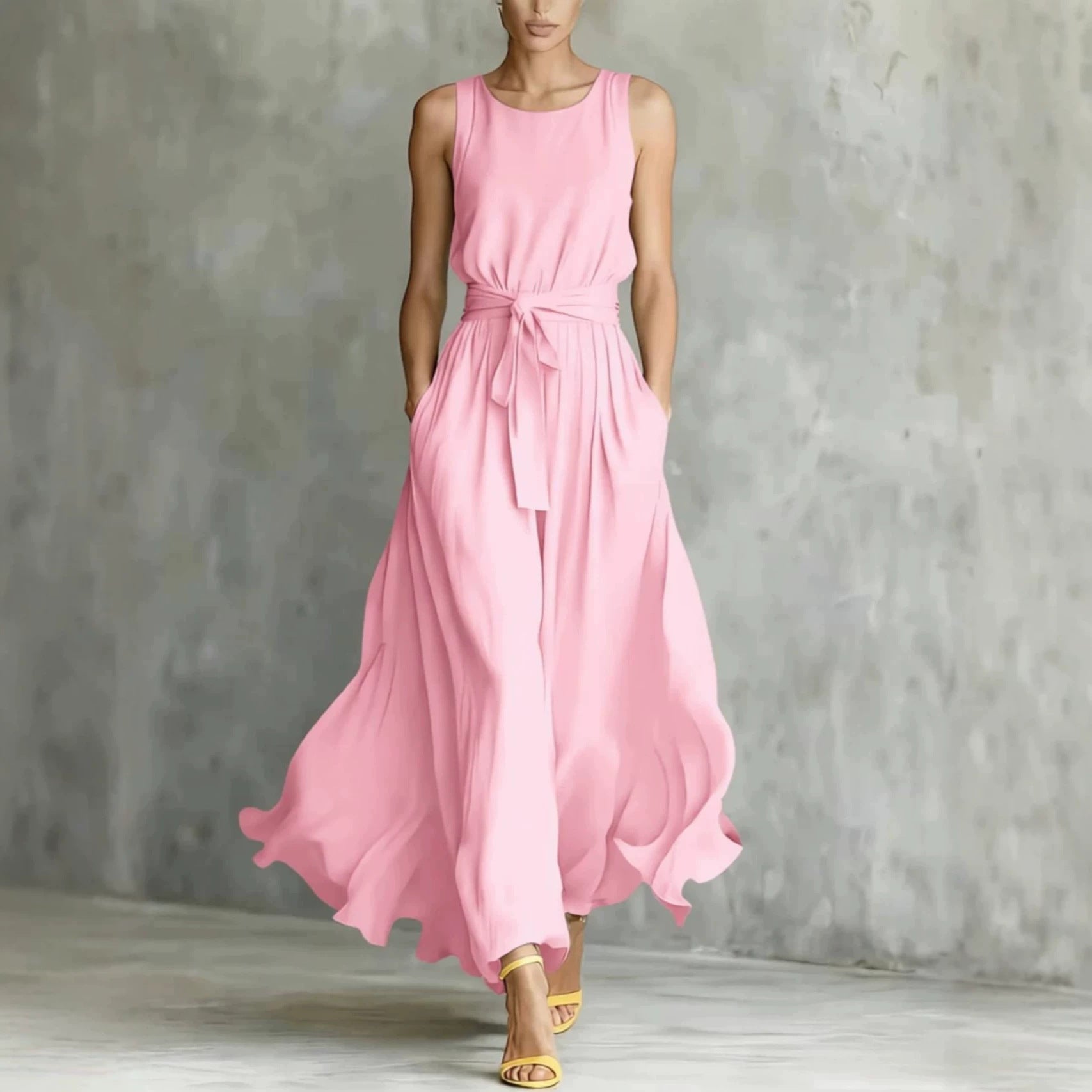 Womens Waist-Cinching Lace-Up Sleeveless Dress 
