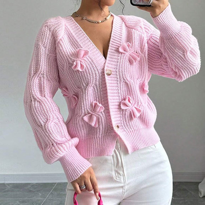 Women's Bow Cropped Cardigan - Long Sleeve V-Neck Button Down Knit Sweater Top 