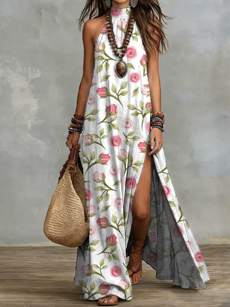 Split Sleeveless Multicolored Printed Maxi Dress 