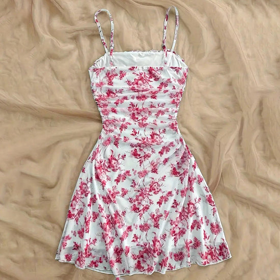 Boho Floral Spaghetti Strap Mini Dress – Ruched Ruffle Hem Vacation Sundress CJ