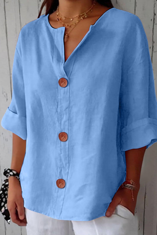 Women's V-neck cotton and linen buttoned blouse 