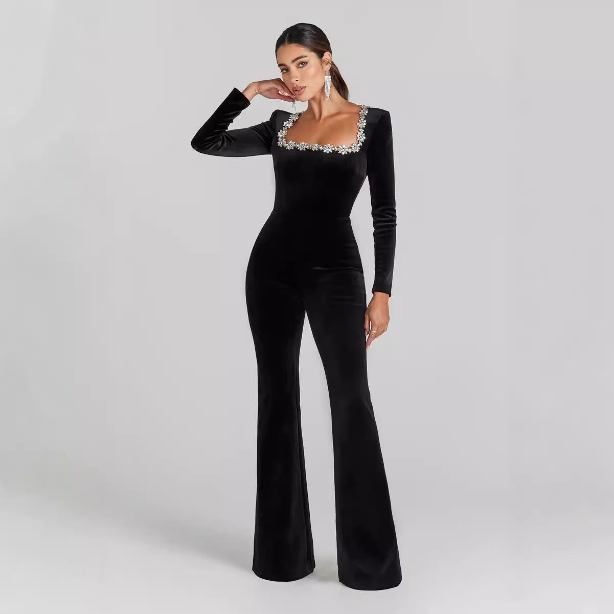 Diamond-encrusted Square Collar Long Sleeve Flared Jumpsuit CJ