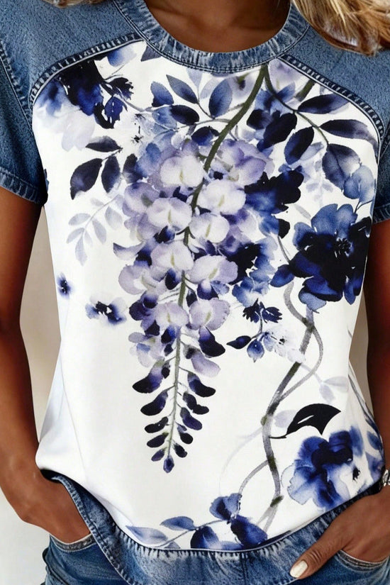 Women's Retro Denim Patchwork Short-Sleeve Shirt – Loose Fit 