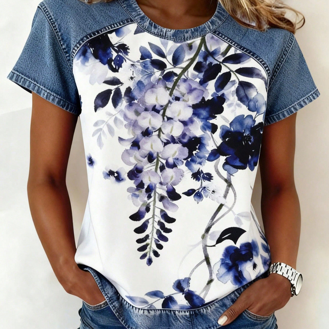 Women's Retro Denim Patchwork Short-Sleeve Shirt – Loose Fit 