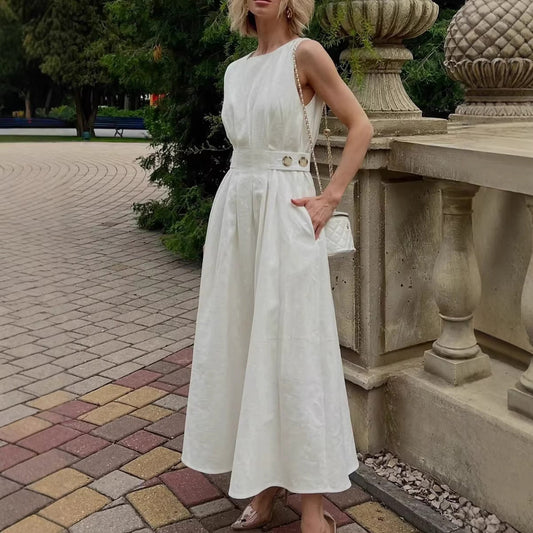 French-style Elegant Casual Minimalist Sleeveless Crew-neck Dress 