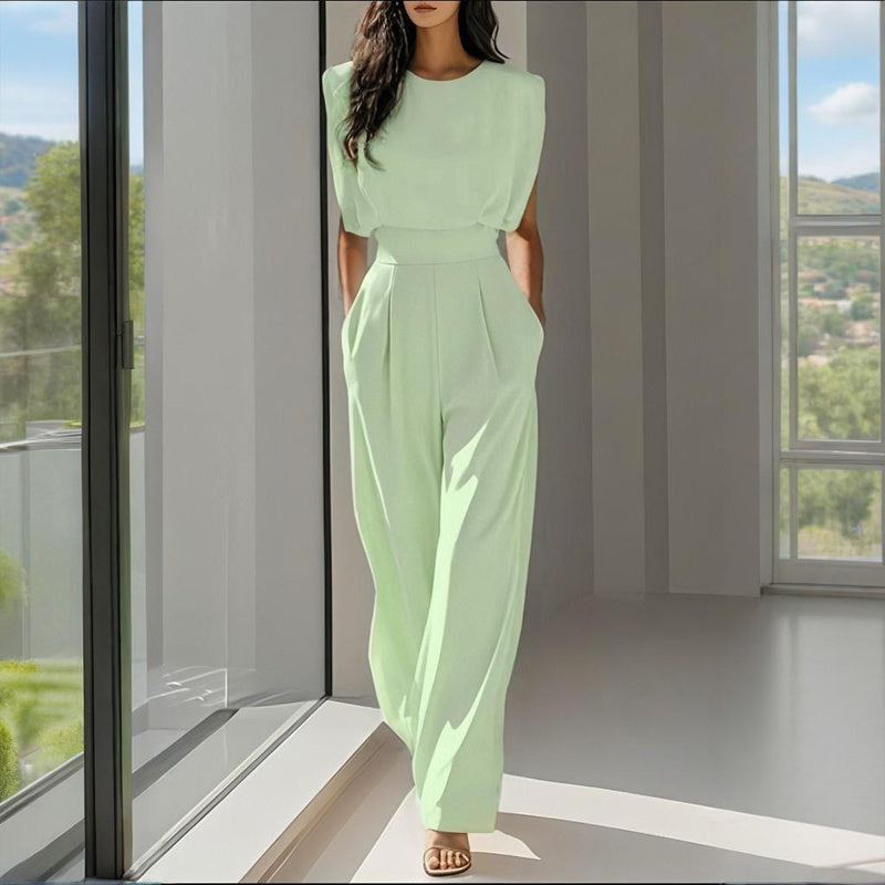 Women's Solid Color Round Neck Short Sleeve Wide-Leg Jumpsuit With Waist Design & Pockets Casual Romper For Spring&Summer CJ US