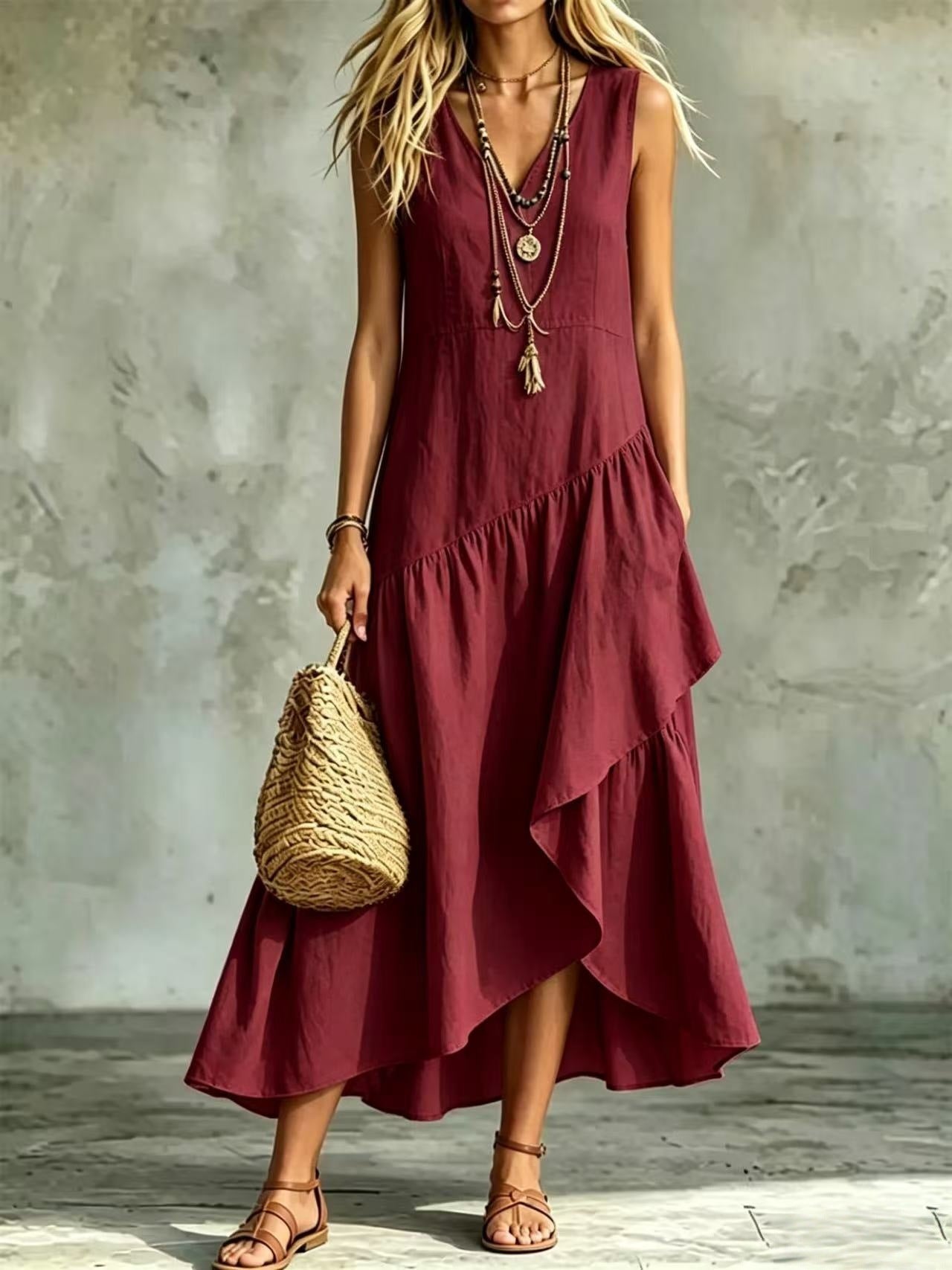Women's Casual Solid-Color Loose Sleeveless Dress 