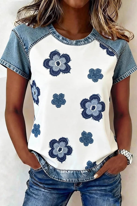 Women's Retro Denim Patchwork Short-Sleeve Shirt – Loose Fit 