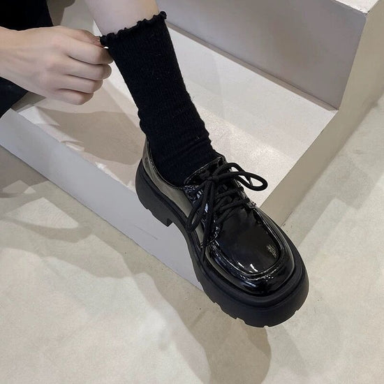 New Years Womens British-Style Chunky Sole Leather Shoes 