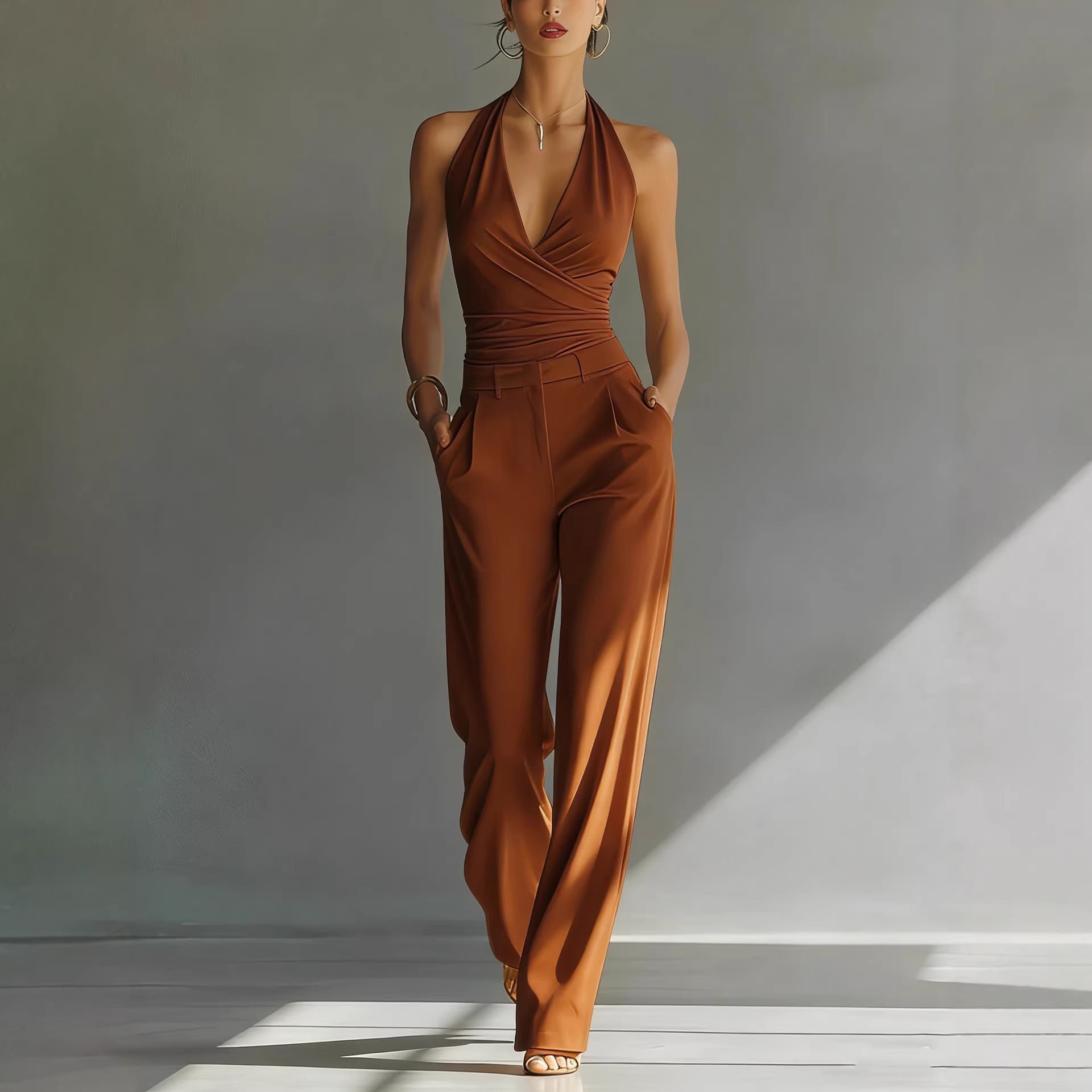 Halter Top And High-waisted Wide-leg Pants Casual Set 