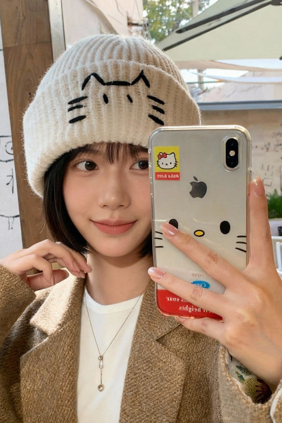 Women’s Cute Cat Line Design Knitted Hat – Warm Fall & Winter Beanie - FitiqueFit