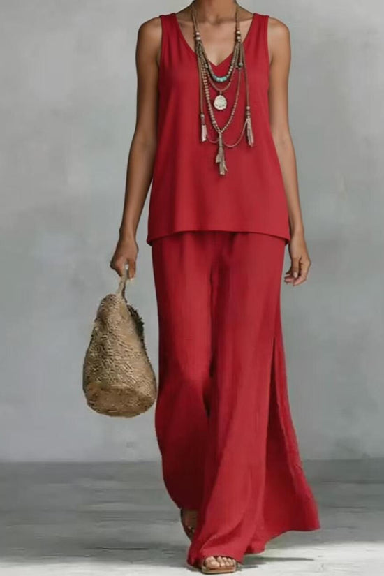 New Casual Bohemian-style Wide-leg Pants And V-neck Vest Set 