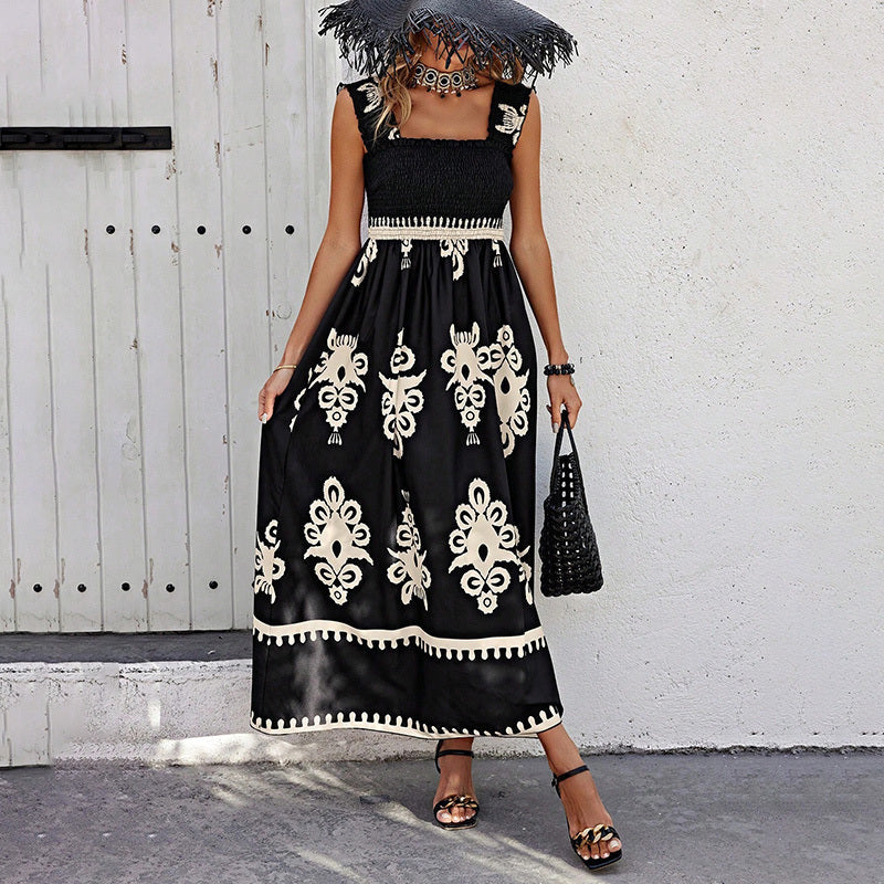 Women's Wide Strap Printed Maxi Dress With Bust Pleats, A-Line Vacation Dress CJ US
