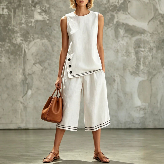 Sleeveless Side-split Tank Top Paired With Wide-leg Cropped Pants Womens Two-piece Set 