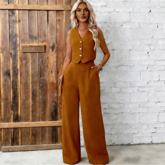 Womens Fashion Plus-Size Buttoned Vest Set 