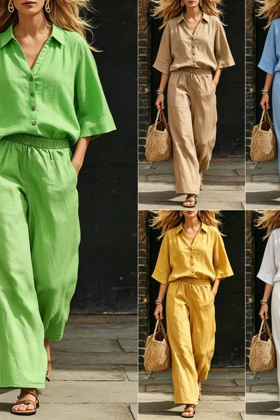Womens Short-Sleeve Shirt And Loose Pants Two-Piece Set 