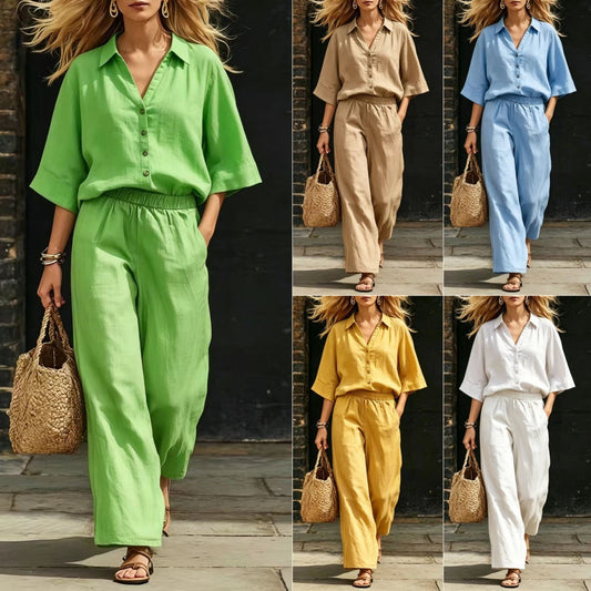 Womens Short-Sleeve Shirt And Loose Pants Two-Piece Set 