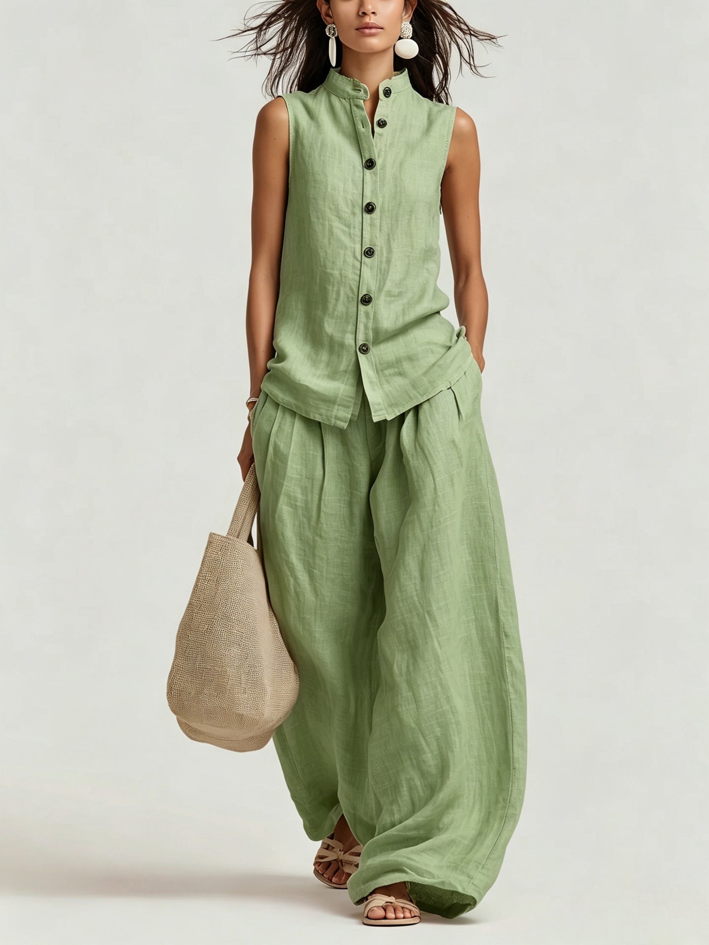 Womens Casual Cotton-Linen Sleeveless Crew-Neck Vest Top And Pants Two-Piece Set 