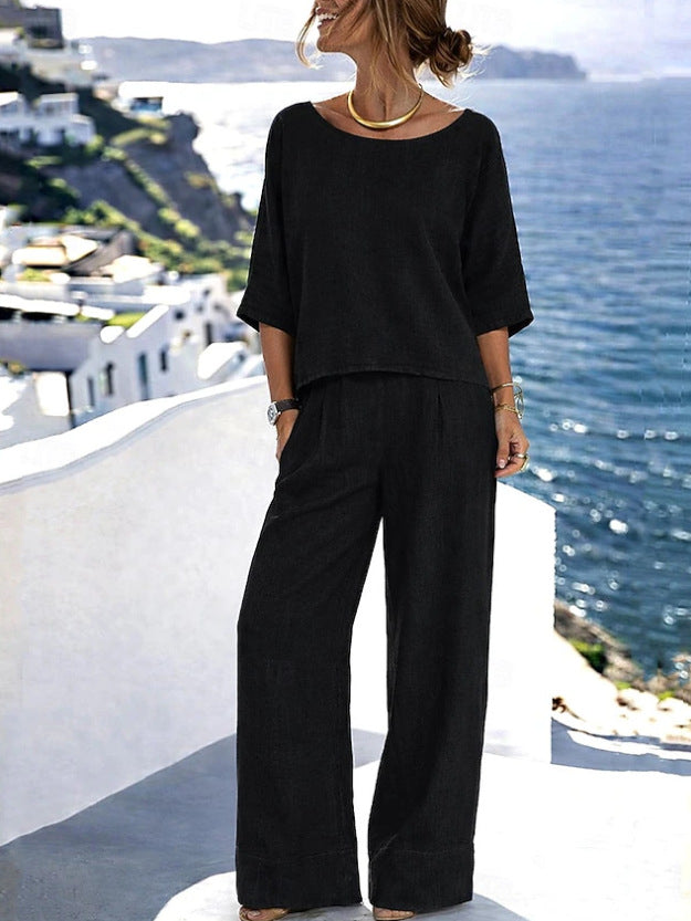 Cotton-Linen Minimalist Elegant Resort Short-Sleeve Pants Set 