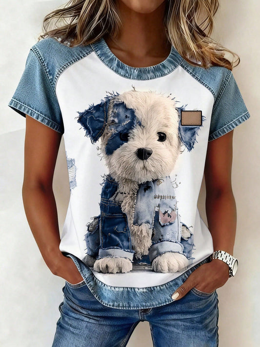 Women's Retro Denim Patchwork Short-Sleeve Shirt – Loose Fit 