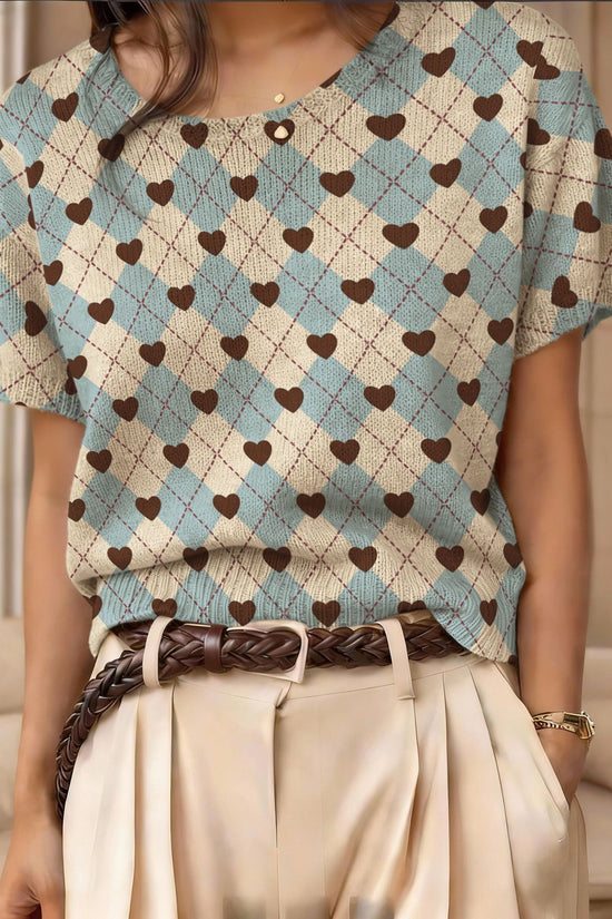 Retro Short-Sleeve Sweater Contrast-Color Jacquard Knit Top 