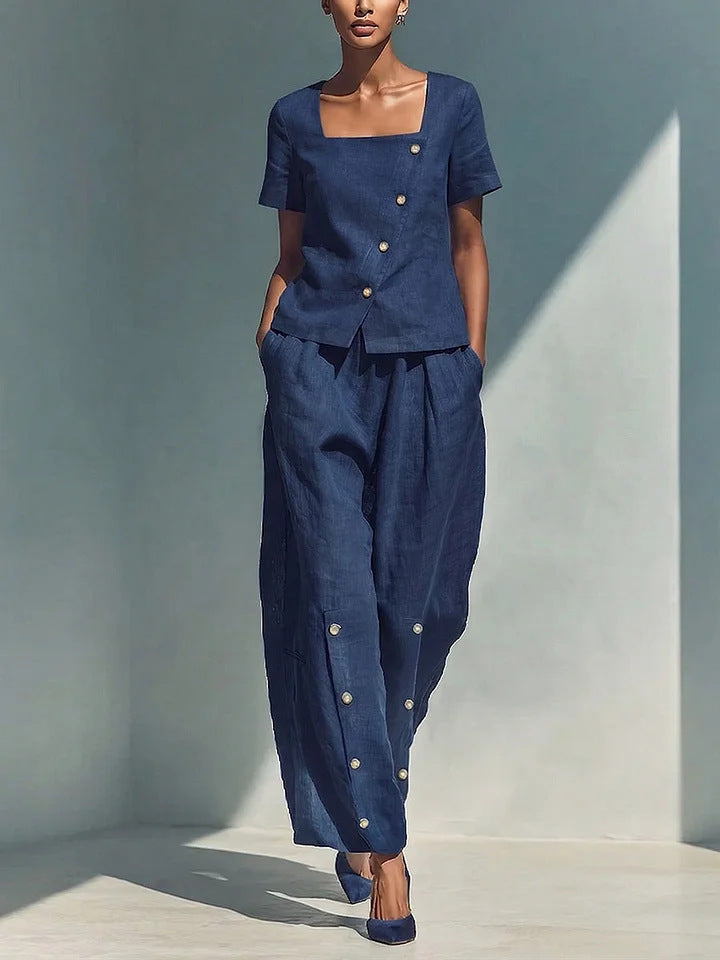 Womens Loose Short-Sleeve Top And High-Waist Pants Two-Piece Set 