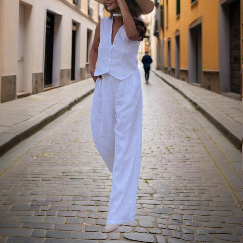 Women’s V‑Neck Button‑Front Vest & High‑Waist Pants Set CJ US