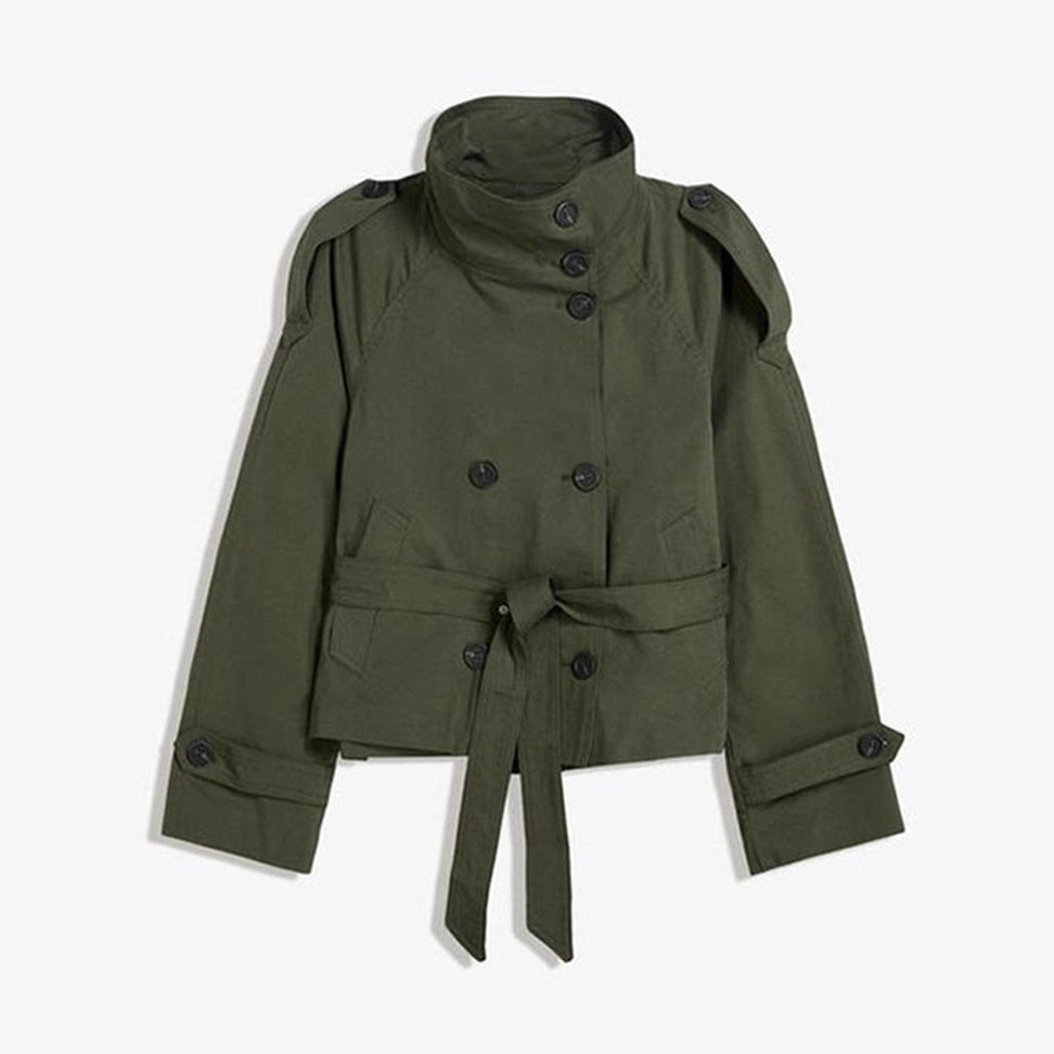 Womens Buttoned Waist-Cinching Lace-Up Trench Coat 