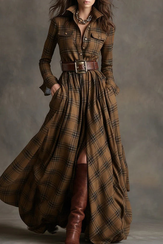 Ins Plaid Print Long-Sleeved Dress Fashion Pockets Collared Buttons Shirt Long Dresses Retro Women's Clothing 