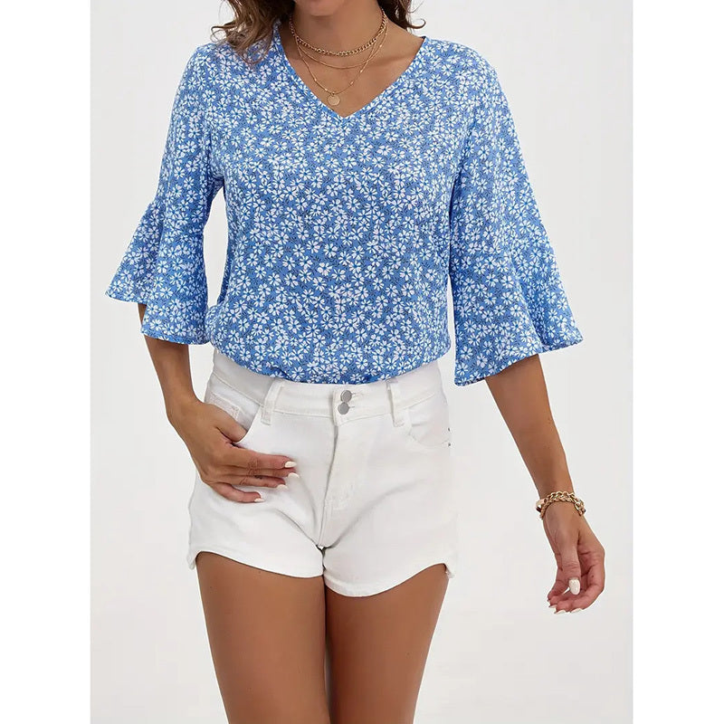 Womens Summer Floral Print Blouses V-Neck Flare Sleeve Tops CJ US
