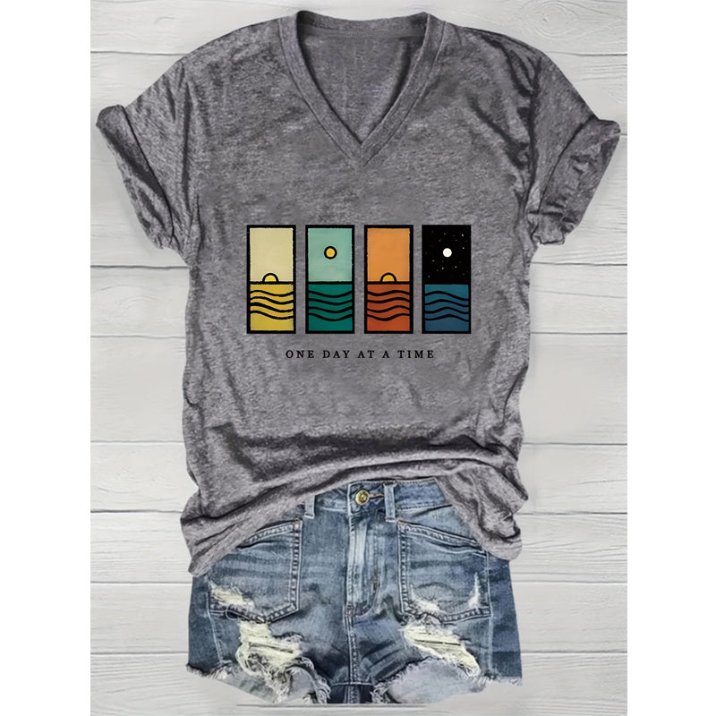 Women's Geometric Mountain & Starry Night Graphic Tee - Artistic Short Sleeve Top CJ US