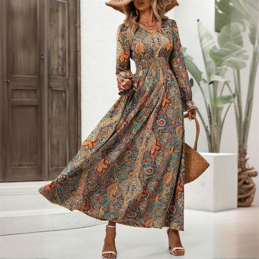 Women's V-Neck Retro Geometric Print Flounce Sleeve Dress - A-Line Maxi Dress With Smocked Waist For Spring&Summer CJ US