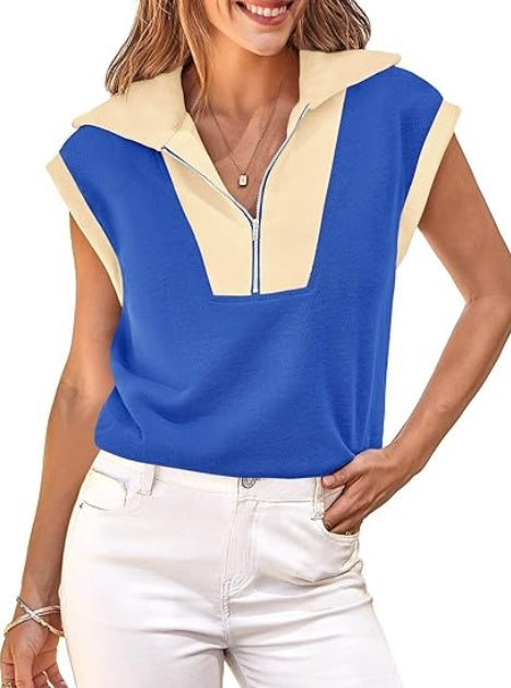 Fisoew Womens Half Zip Sweatshirts Short Sleeve Color Block Lapel V Neck Loose Summer Pullover Tops CJ US