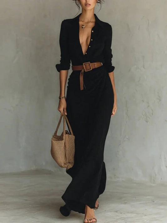 Autumn Elegant Solid Color Irregular Ruffled Dress With Belt, Sexy Slim Waist Long Dress 