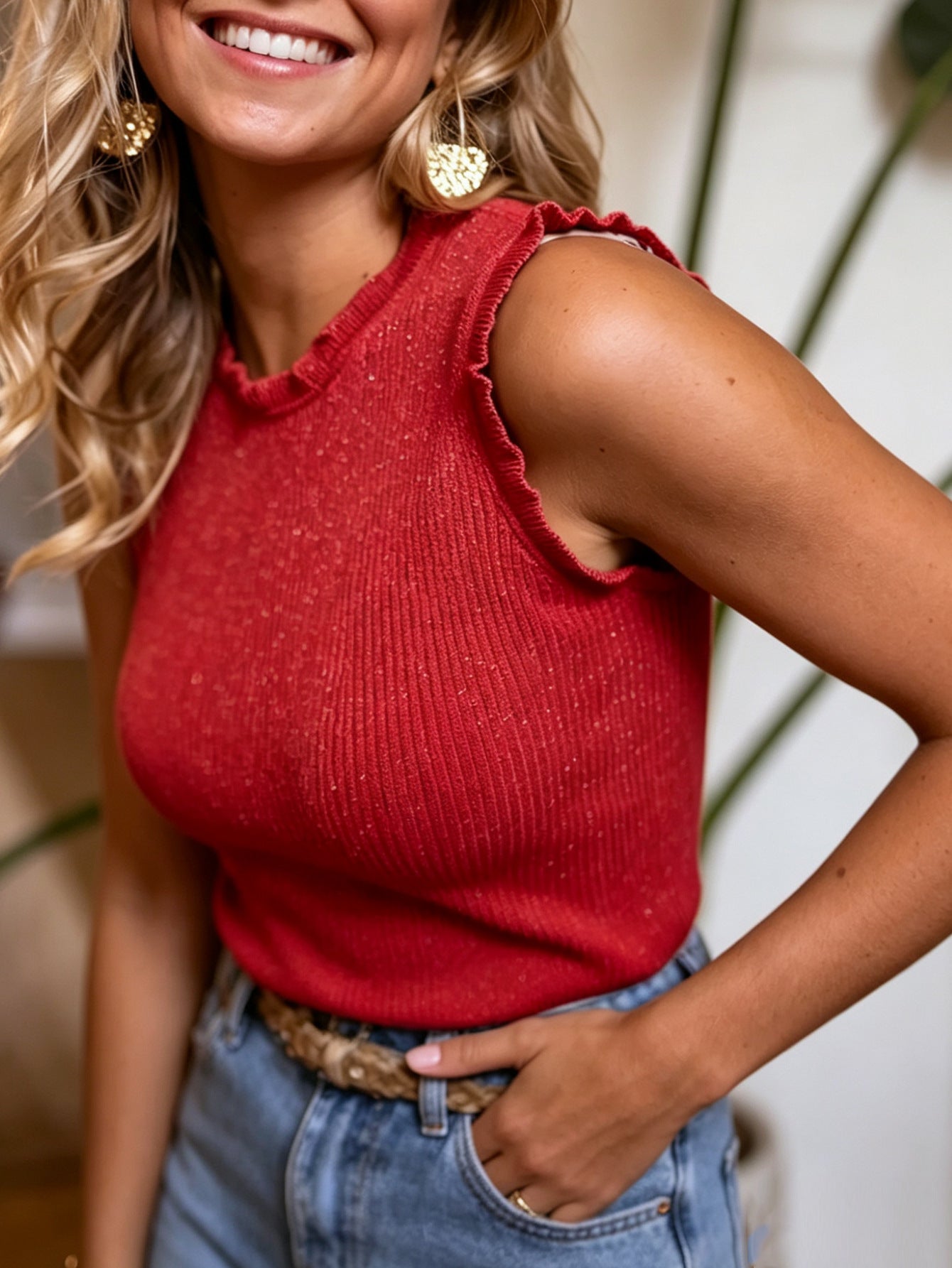 Women's Crew-neck Ribbed Stretchy Sleeveless Tank Top 