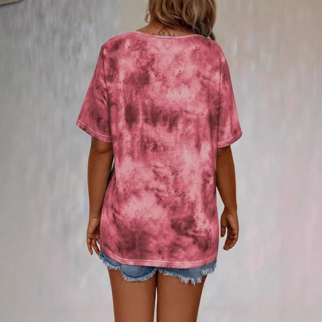 Tie-dye Printed Drawstring Casual Fashion Short-Sleeve T-Shirt 