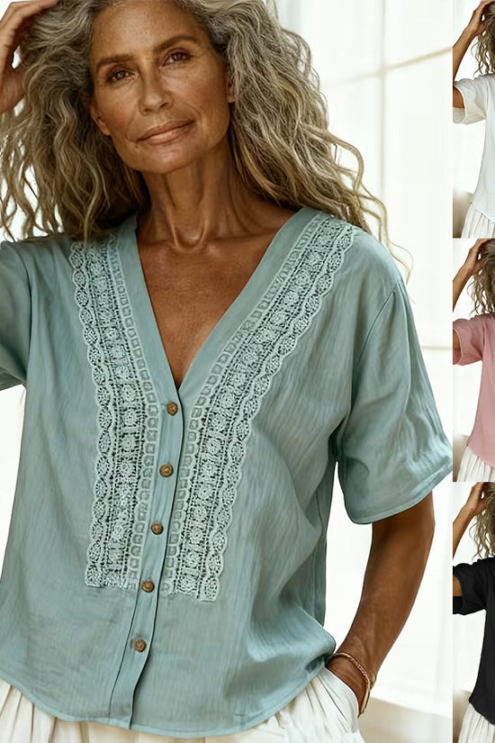 Loose-fit Faux Linen Embroidered Button-up Top 
