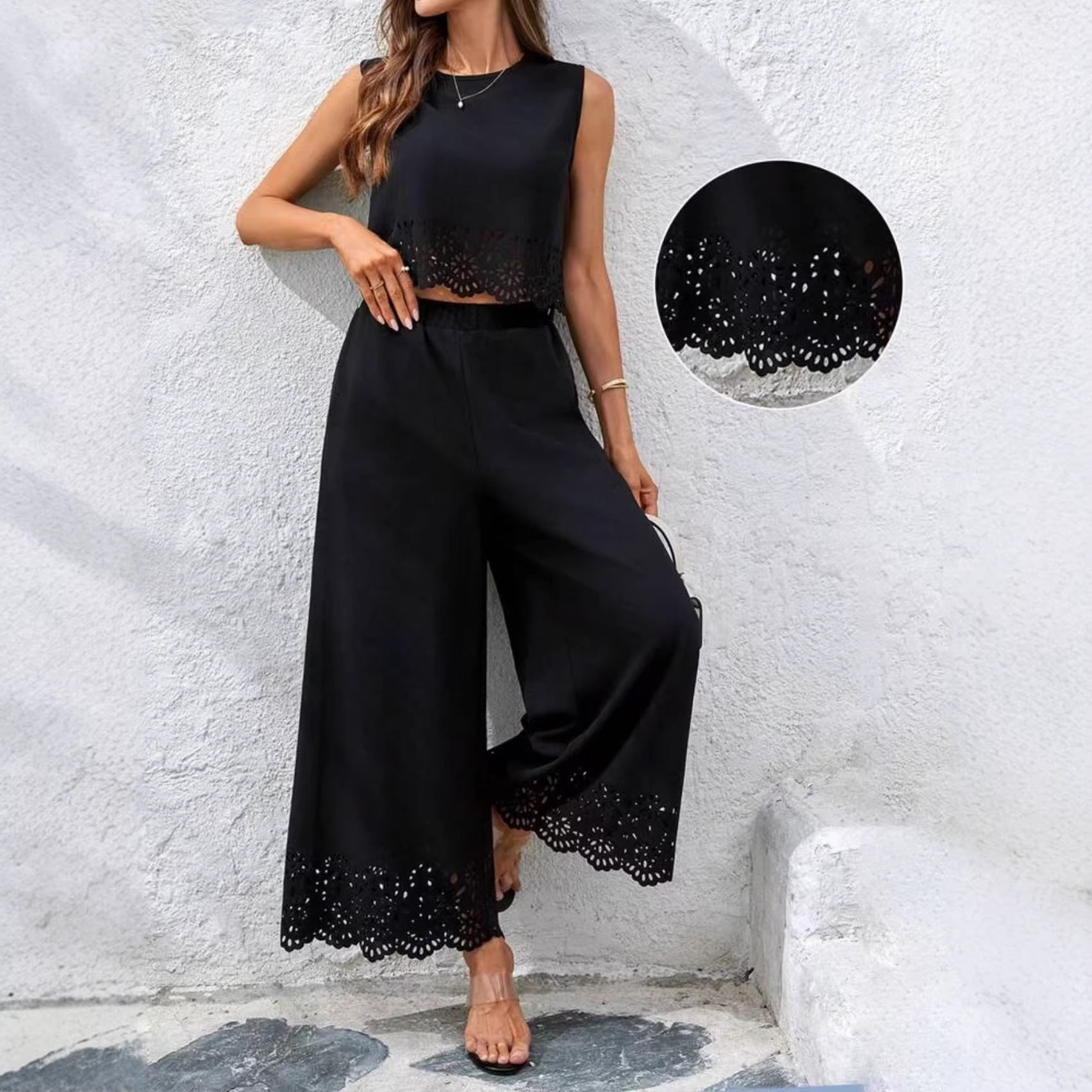 Fashionable Resort-Style Casual Hollow-Out Tank Top And Pants Two-Piece Set 