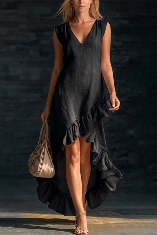 Women's Fashion Romantic Sleeveless V-Neck Ruffle Hem Cotton Linen Maxi Dress 