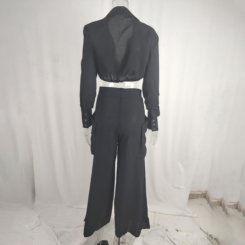 Women's Plus Size Elegant Pant Set - Crisscross Detail Top & Wide Leg Pants With Pockets Office & Casual Outfit CJ US