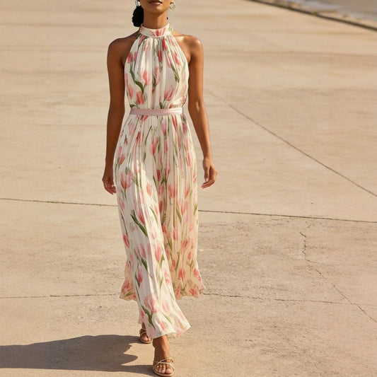 Womens Swing-Style Halterneck Printed Dress 