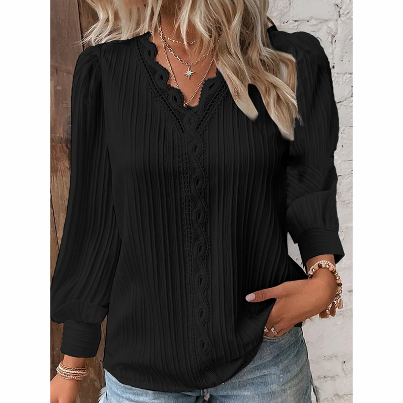 Women's Lace Trim V-Neck Blouse Puff Long Sleeve Dressy Casual Work Shirt 