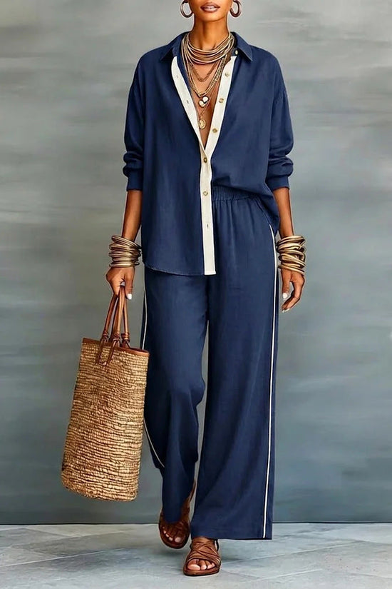 Contrast-color Casual Solid-color Loose Pants Two-piece Set 