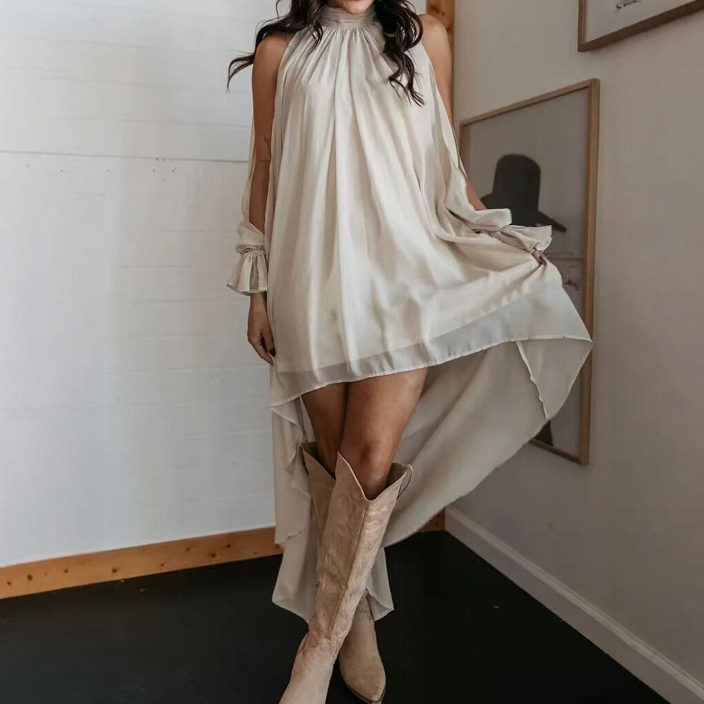 High-neck Irregular Chiffon Dress 